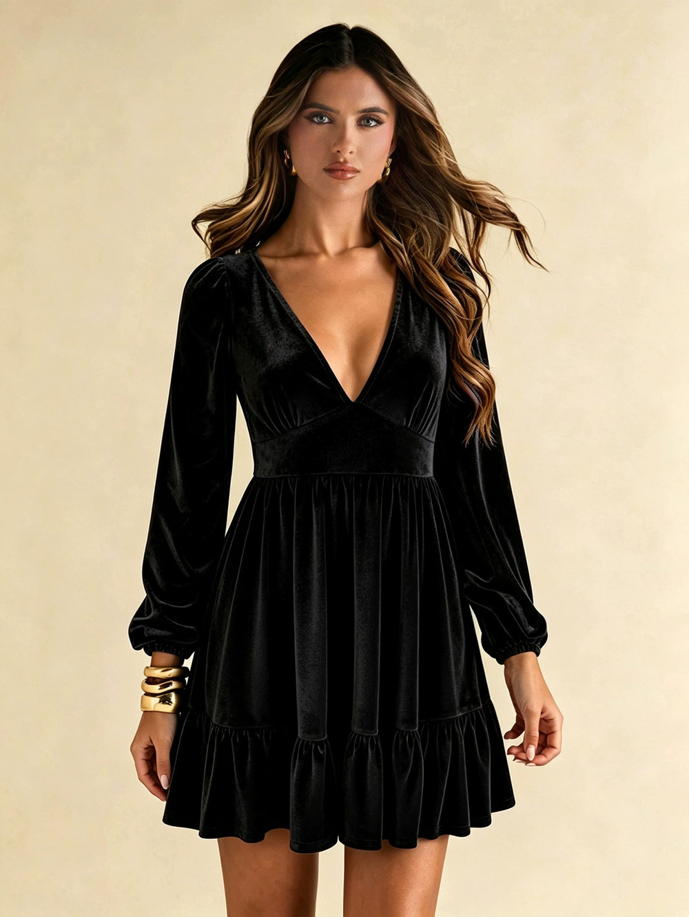 ZARA Luxury Velvet Long Sleeve Mini Dress Collar Waist Slimming Ruffle Hem